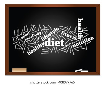 Vector concept or conceptual abstract word cloud on blackboard background, metaphor to health, nutrition, diet, wellness, body, energy, medical, fitness, medical, gym, medicine, sport, heart science