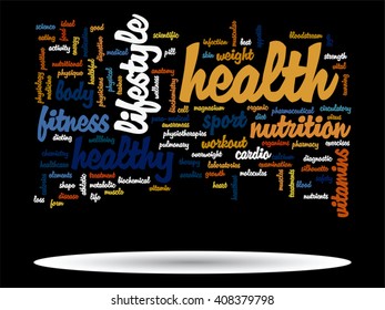 Concepto vectorial o nube de palabras abstracta conceptual sobre fondo negro como metáfora para la salud, la nutrición, la dieta, el bienestar, el cuerpo, la energía, la medicina, la aptitud física, la medicina, la medicina, el deporte, el corazón o la ciencia