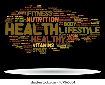 Vector concept or conceptual abstract word cloud on black background as metaphor for health, nutrition, diet, wellness, body, energy, medical, fitness, medical, gym, medicine, sport, heart or science