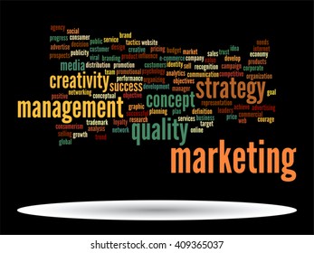 Vector concept or conceptual abstract word cloud on black background as metaphor for business, trend, media, focus, market, value, product, advertising or customer. Also for corporate wordcloud