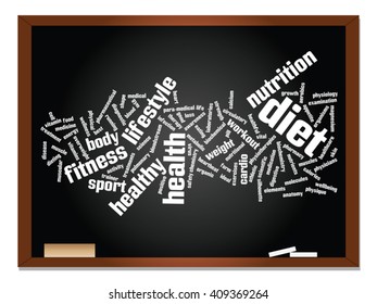 Vector concept or conceptual abstract word cloud on blackboard background, metaphor to health, nutrition, diet, wellness, body, energy, medical, fitness, medical, gym, medicine, sport, heart science