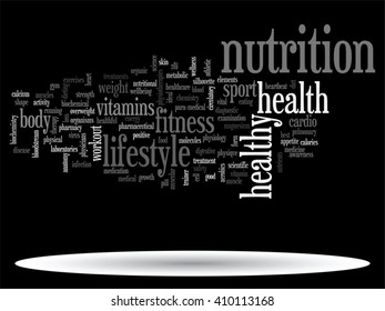 Vector concept or conceptual abstract word cloud on black background as metaphor for health, nutrition, diet, wellness, body, energy, medical, fitness, medical, gym, medicine, sport, heart or science