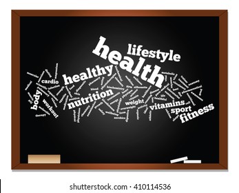 Vektorkonzept oder konzeptuell abstrakte Wortwolke auf schwarzem Hintergrund, Metapher für Gesundheit, Ernährung, Ernährung, Wellness, Körper, Energie, Medizin, Fitness, Medizin, Medizin, Sport, Herzwissenschaft