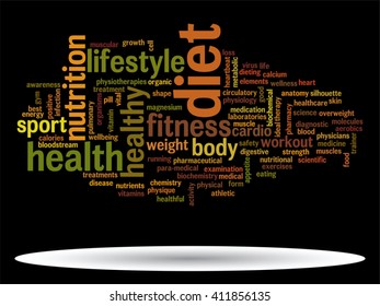 Concepto vectorial o nube de palabras abstracta conceptual sobre fondo negro como metáfora para la salud, la nutrición, la dieta, el bienestar, el cuerpo, la energía, la medicina, la aptitud física, la medicina, la medicina, el deporte, el corazón o la ciencia