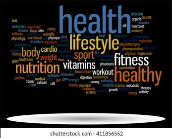 Vector concept or conceptual abstract word cloud on black background as metaphor for health, nutrition, diet, wellness, body, energy, medical, fitness, medical, gym, medicine, sport, heart or science