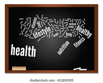 Vektorkonzept oder konzeptuell abstrakte Wortwolke auf schwarzem Hintergrund, Metapher für Gesundheit, Ernährung, Ernährung, Wellness, Körper, Energie, Medizin, Fitness, Medizin, Medizin, Sport, Herzwissenschaft