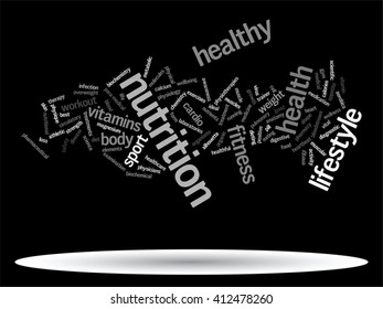 Vector concept or conceptual abstract word cloud on black background as metaphor for health, nutrition, diet, wellness, body, energy, medical, fitness, medical, gym, medicine, sport, heart or science