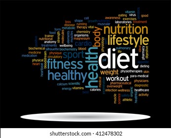 Vector concept or conceptual abstract word cloud on black background as metaphor for health, nutrition, diet, wellness, body, energy, medical, fitness, medical, gym, medicine, sport, heart or science