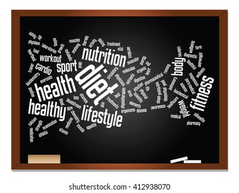 Vector concept or conceptual abstract word cloud on blackboard background, metaphor to health, nutrition, diet, wellness, body, energy, medical, fitness, medical, gym, medicine, sport, heart science