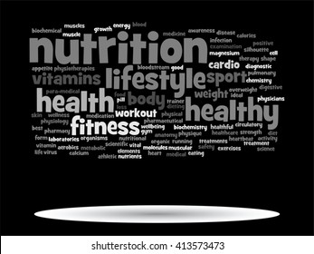 Concepto vectorial o nube de palabras abstracta conceptual sobre fondo negro como metáfora para la salud, la nutrición, la dieta, el bienestar, el cuerpo, la energía, la medicina, la aptitud física, la medicina, la medicina, el deporte, el corazón o la ciencia
