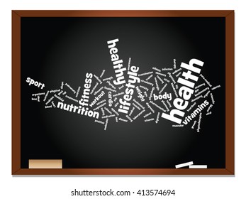 Vector concept or conceptual abstract word cloud on blackboard background, metaphor to health, nutrition, diet, wellness, body, energy, medical, fitness, medical, gym, medicine, sport, heart science