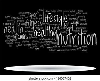 Concepto vectorial o nube de palabras abstracta conceptual sobre fondo negro como metáfora para la salud, la nutrición, la dieta, el bienestar, el cuerpo, la energía, la medicina, la aptitud física, la medicina, la medicina, el deporte, el corazón o la ciencia