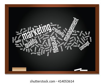 Concepto vectorial o nube conceptual abstracta de palabras en el fondo de la pizarra como metáfora para negocios, tendencias, medios, enfoque, mercado, valor, producto, publicidad o cliente. También para la nube de palabras corporativa