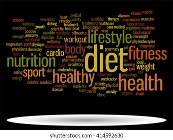 Vector concept or conceptual abstract word cloud on black background as metaphor for health, nutrition, diet, wellness, body, energy, medical, fitness, medical, gym, medicine, sport, heart or science