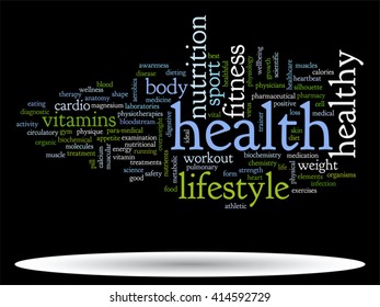 Concepto vectorial o nube de palabras abstracta conceptual sobre fondo negro como metáfora para la salud, la nutrición, la dieta, el bienestar, el cuerpo, la energía, la medicina, la aptitud física, la medicina, la medicina, el deporte, el corazón o la ciencia