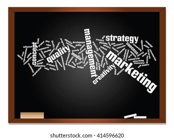 Vector concept or conceptual abstract word cloud on blackboard background as metaphor for business, trend, media, focus, market, value, product, advertising or customer. Also for corporate wordcloud