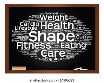 Vector concept or conceptual abstract word cloud on blackboard background, metaphor to health, nutrition, diet, wellness, body, energy, medical, fitness, medical, gym, medicine, sport, heart science