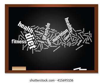 Concepto vectorial o nube conceptual abstracta de palabras en el fondo de la pizarra, metáfora a la salud, la nutrición, la dieta, el bienestar, el cuerpo, la energía, la salud, la aptitud física, la medicina, la medicina, el deporte, la ciencia del corazón