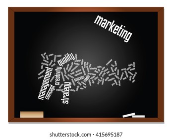 Vector concept or conceptual abstract word cloud on blackboard background as metaphor for business, trend, media, focus, market, value, product, advertising or customer. Also for corporate wordcloud
