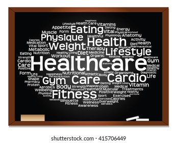 Vector concept or conceptual abstract word cloud on blackboard background, metaphor to health, nutrition, diet, wellness, body, energy, medical, fitness, medical, gym, medicine, sport, heart science