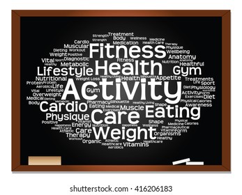 Vector concept or conceptual abstract word cloud on blackboard background, metaphor to health, nutrition, diet, wellness, body, energy, medical, fitness, medical, gym, medicine, sport, heart science