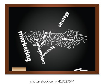 Vector concept or conceptual abstract word cloud on blackboard background as metaphor for business, trend, media, focus, market, value, product, advertising or customer. Also for corporate wordcloud