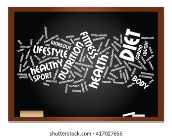 Vector concept or conceptual abstract word cloud on blackboard background, metaphor to health, nutrition, diet, wellness, body, energy, medical, fitness, medical, gym, medicine, sport, heart science