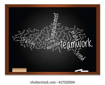 Concepto vectorial o nube conceptual abstracta de palabras en el fondo de la pizarra como metáfora para negocios, tendencias, medios, enfoque, mercado, valor, producto, publicidad o cliente. También para la nube de palabras corporativa