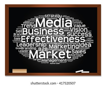 Vector concept or conceptual abstract word cloud on blackboard background as metaphor for business, trend, media, focus, market, value, product, advertising or customer. Also for corporate wordcloud
