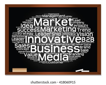 Vector concept or conceptual abstract word cloud on blackboard background as metaphor for business, trend, media, focus, market, value, product, advertising or customer. Also for corporate wordcloud