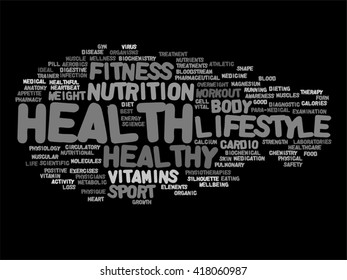 Vector concept or conceptual abstract word cloud on black background as metaphor for health, nutrition, diet, wellness, body, energy, medical, fitness, medical, gym, medicine, sport, heart or science
