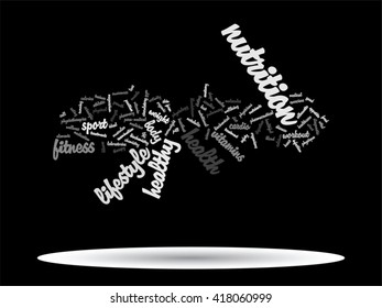 Vector concept or conceptual abstract word cloud on black background as metaphor for health, nutrition, diet, wellness, body, energy, medical, fitness, medical, gym, medicine, sport, heart or science