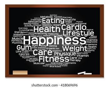 Vector concept or conceptual abstract word cloud on blackboard background, metaphor to health, nutrition, diet, wellness, body, energy, medical, fitness, medical, gym, medicine, sport, heart science