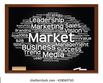 Vector concept or conceptual abstract word cloud on blackboard background as metaphor for business, trend, media, focus, market, value, product, advertising or customer. Also for corporate wordcloud