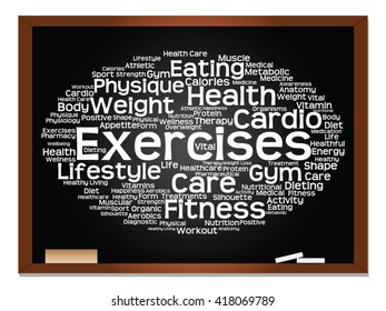 Conceito vetorial ou palavra abstrata conceitual nuvem no fundo de quadro-negro, metáfora para a saúde, nutrição, dieta, bem-estar, corpo, energia, médica, fitness, médica, ginástica, medicina, esporte, ciência do coração