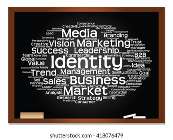 Vector concept or conceptual abstract word cloud on blackboard background as metaphor for business, trend, media, focus, market, value, product, advertising or customer. Also for corporate wordcloud