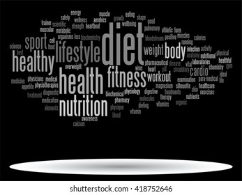 Vector concept or conceptual abstract word cloud on black background as metaphor for health, nutrition, diet, wellness, body, energy, medical, fitness, medical, gym, medicine, sport, heart or science