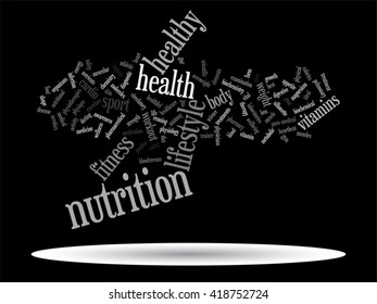 Concepto vectorial o nube de palabras abstracta conceptual sobre fondo negro como metáfora para la salud, la nutrición, la dieta, el bienestar, el cuerpo, la energía, la medicina, la aptitud física, la medicina, la medicina, el deporte, el corazón o la ciencia
