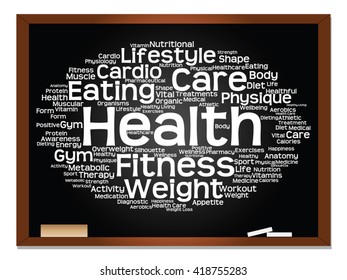 Concepto vectorial o nube conceptual abstracta de palabras en el fondo de la pizarra, metáfora a la salud, la nutrición, la dieta, el bienestar, el cuerpo, la energía, la salud, la aptitud física, la medicina, la medicina, el deporte, la ciencia del corazón