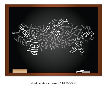 Vector concept or conceptual abstract word cloud on blackboard background, metaphor to health, nutrition, diet, wellness, body, energy, medical, fitness, medical, gym, medicine, sport, heart science