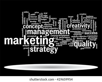 Vektorkonzept oder konzeptuell abstrakte Wortwolke auf schwarzem Hintergrund als Metapher für Unternehmen, Trends, Medien, Fokus, Markt, Wert, Produkt, Werbung oder Kunden. Auch für Corporate WordCloud