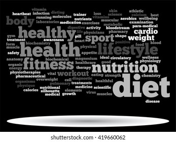 Vector concept or conceptual abstract word cloud on black background as metaphor for health, nutrition, diet, wellness, body, energy, medical, fitness, medical, gym, medicine, sport, heart or science