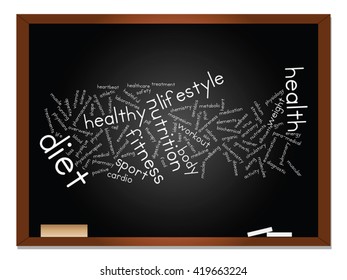 Vector concept or conceptual abstract word cloud on blackboard background, metaphor to health, nutrition, diet, wellness, body, energy, medical, fitness, medical, gym, medicine, sport, heart science