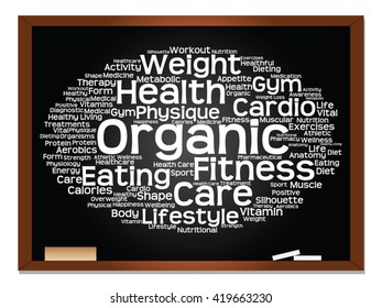 Vector concept or conceptual abstract word cloud on blackboard background, metaphor to health, nutrition, diet, wellness, body, energy, medical, fitness, medical, gym, medicine, sport, heart science