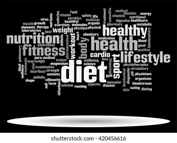 Vector concept or conceptual abstract word cloud on black background as metaphor for health, nutrition, diet, wellness, body, energy, medical, fitness, medical, gym, medicine, sport, heart or science