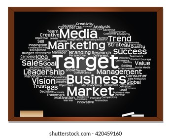 Concepto vectorial o nube conceptual abstracta de palabras en el fondo de la pizarra como metáfora para negocios, tendencias, medios, enfoque, mercado, valor, producto, publicidad o cliente. También para la nube de palabras corporativa