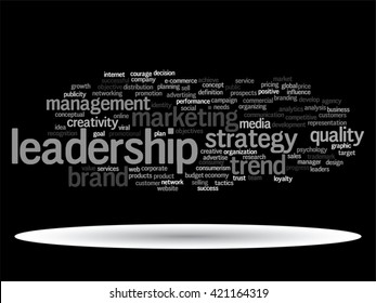 Concepto vectorial o nube conceptual abstracta de palabras sobre fondo negro como metáfora para negocios, tendencias, medios, enfoque, mercado, valor, producto, publicidad o cliente. También para la nube de palabras corporativa