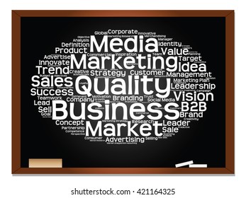 Vector concept or conceptual abstract word cloud on blackboard background as metaphor for business, trend, media, focus, market, value, product, advertising or customer. Also for corporate wordcloud