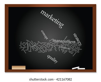 Vector concept or conceptual abstract word cloud on blackboard background as metaphor for business, trend, media, focus, market, value, product, advertising or customer. Also for corporate wordcloud