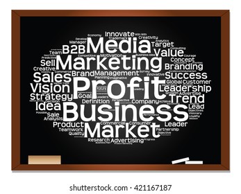 Vector concept or conceptual abstract word cloud on blackboard background as metaphor for business, trend, media, focus, market, value, product, advertising or customer. Also for corporate wordcloud